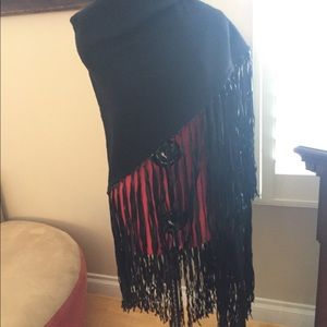 HERMES ATTRIBUTED CASHMERE &LEATHER FRINGE SHAWL